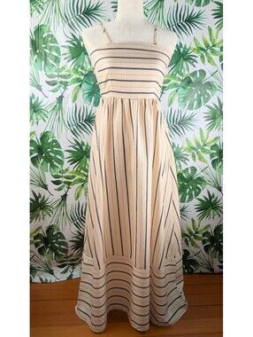 Cream & Black Smocked Cut Out Striped Maxi Dress (Size: Medium)